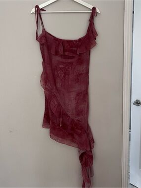 Women’s Burgundy Ruffle Asymmetric Slip Dress